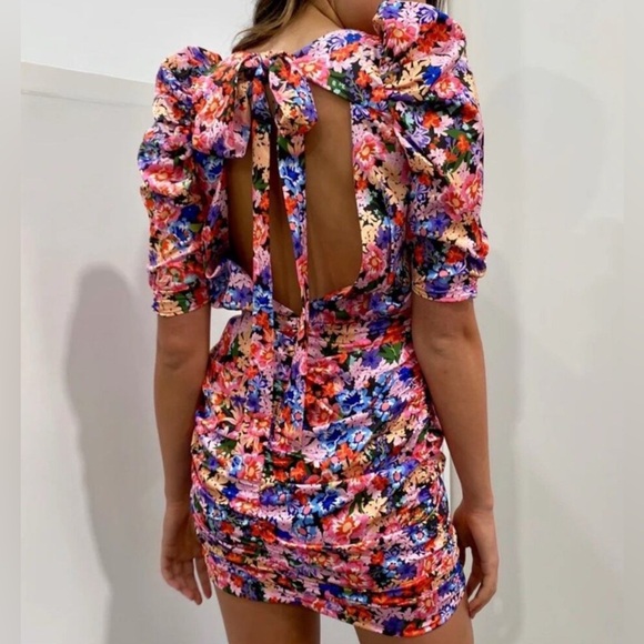 For Love & Lemons Bouquet Floral Puff-Sleeve Ruched Mini Dress - Picture 2 of 7